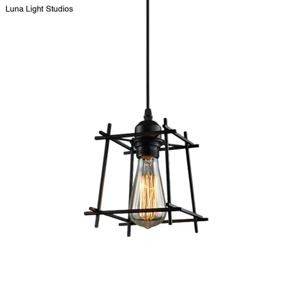 1-Light Rustic Suspension Lamp: Metal Black Trapezoid/Lotus Leaf Design, Perfect for Living Room