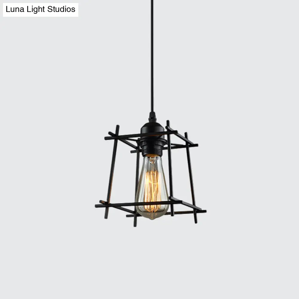 1-Light Rustic Suspension Lamp: Metal Black Trapezoid/Lotus Leaf Design, Perfect for Living Room