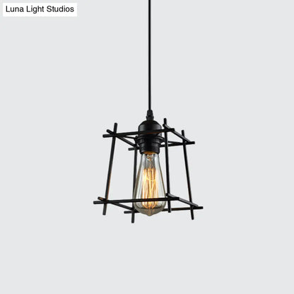 1-Light Rustic Suspension Lamp: Metal Black Trapezoid/Lotus Leaf Design, Perfect for Living Room