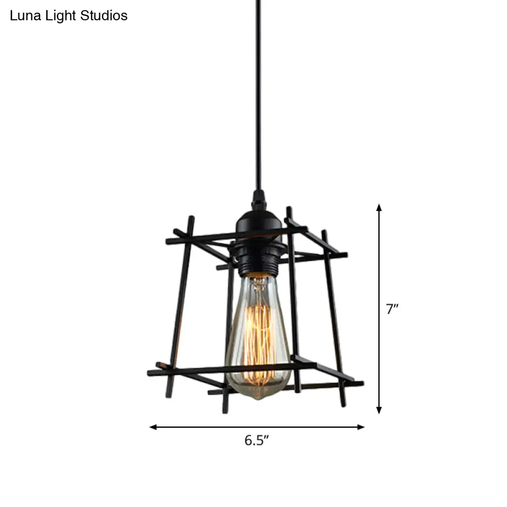 1-Light Rustic Suspension Lamp: Metal Black Trapezoid/Lotus Leaf Design, Perfect for Living Room