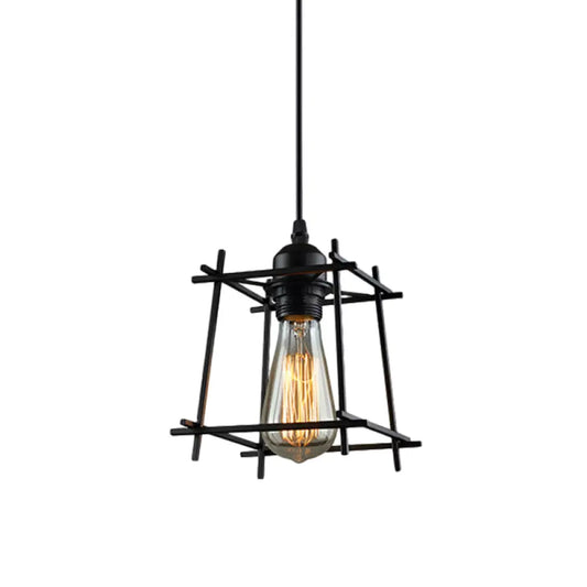 1-Light Rustic Suspension Lamp: Metal Black Trapezoid/Lotus Leaf Design, Perfect for Living Room