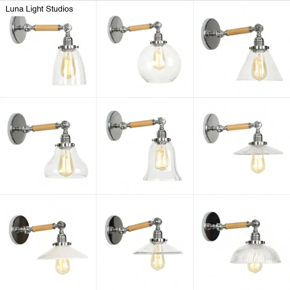 مصباح حائط ريفي من DecorBites™ مزود بمصباح واحد - تصميم وعاء/مخروط/جرس دوار من الزجاج الشفاف، مصنوع من الكروم والخشب