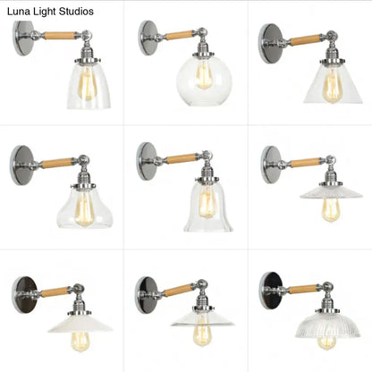 مصباح حائط ريفي من DecorBites™ مزود بمصباح واحد - تصميم وعاء/مخروط/جرس دوار من الزجاج الشفاف، مصنوع من الكروم والخشب