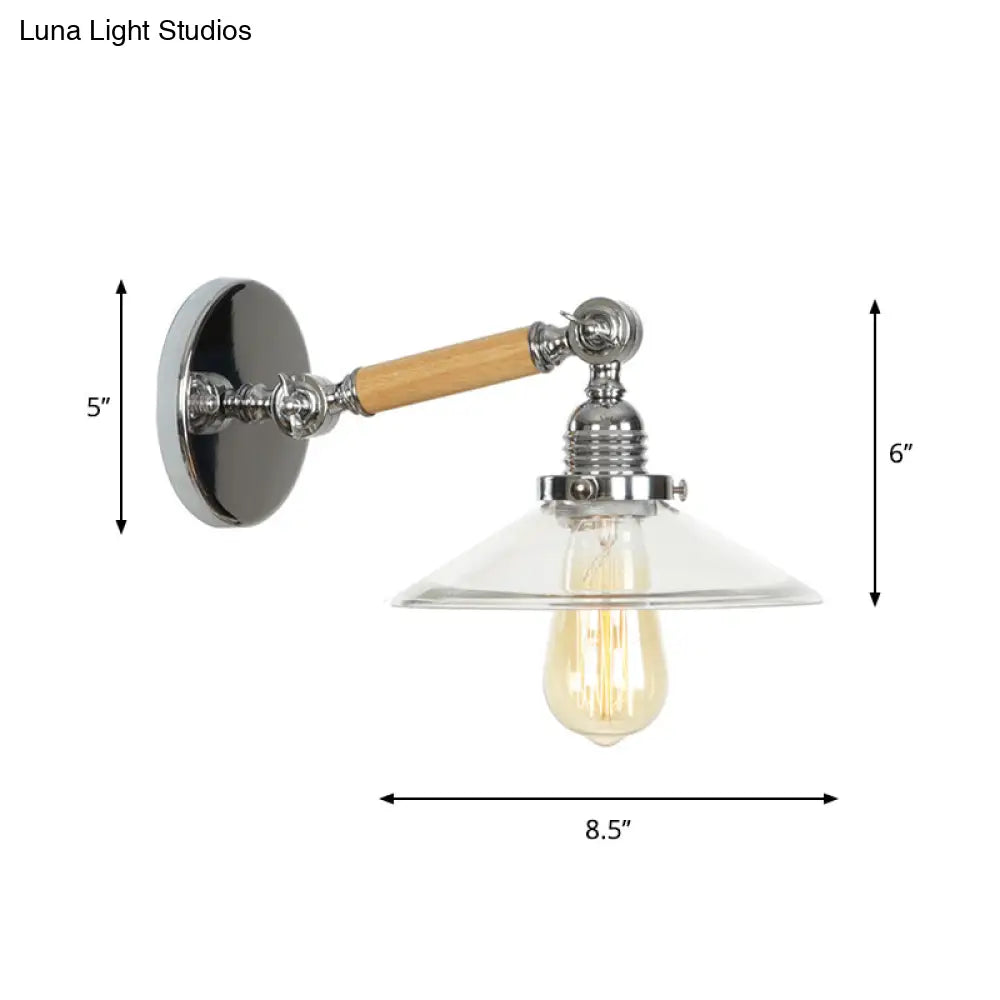 مصباح حائط ريفي من DecorBites™ مزود بمصباح واحد - تصميم وعاء/مخروط/جرس دوار من الزجاج الشفاف، مصنوع من الكروم والخشب