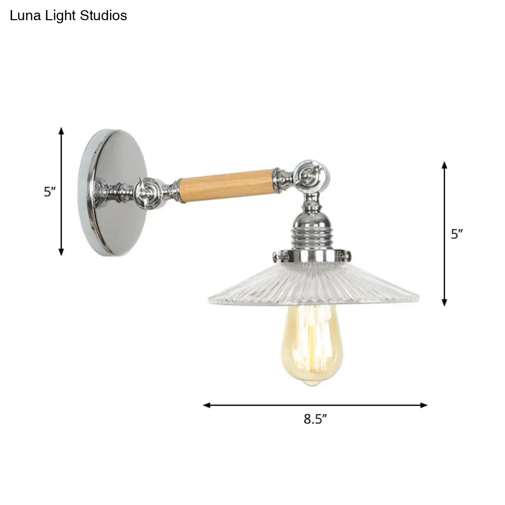 مصباح حائط ريفي من DecorBites™ مزود بمصباح واحد - تصميم وعاء/مخروط/جرس دوار من الزجاج الشفاف، مصنوع من الكروم والخشب