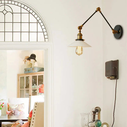 1-Light Saucer Shade Wall Sconce with Swing Arm - Industrial Brass/Bronze Finish and Frosted Glass Lamp