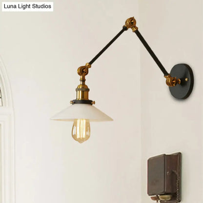 1-Light Saucer Shade Wall Sconce with Swing Arm - Industrial Brass/Bronze Finish and Frosted Glass Lamp
