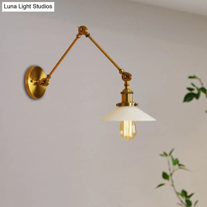 1-Light Saucer Shade Wall Sconce with Swing Arm - Industrial Brass/Bronze Finish and Frosted Glass Lamp