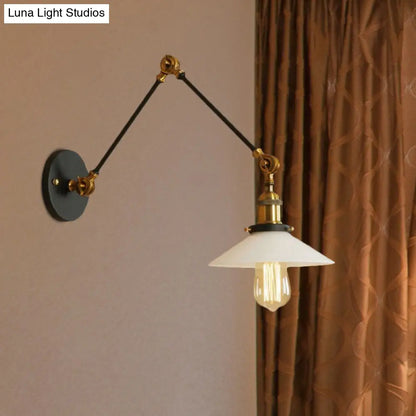 1-Light Saucer Shade Wall Sconce with Swing Arm - Industrial Brass/Bronze Finish and Frosted Glass Lamp