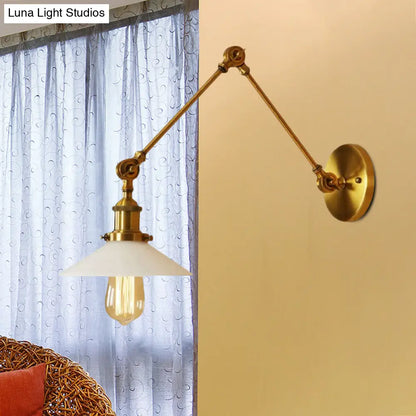 1-Light Saucer Shade Wall Sconce with Swing Arm - Industrial Brass/Bronze Finish and Frosted Glass Lamp