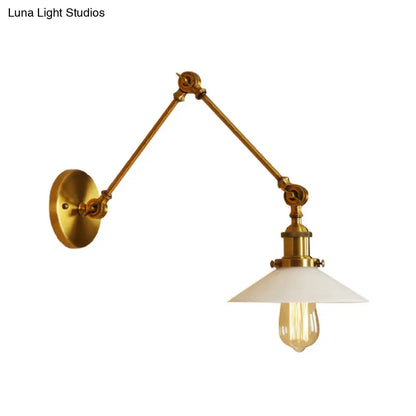 1-Light Saucer Shade Wall Sconce with Swing Arm - Industrial Brass/Bronze Finish and Frosted Glass Lamp