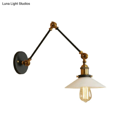 1-Light Saucer Shade Wall Sconce with Swing Arm - Industrial Brass/Bronze Finish and Frosted Glass Lamp