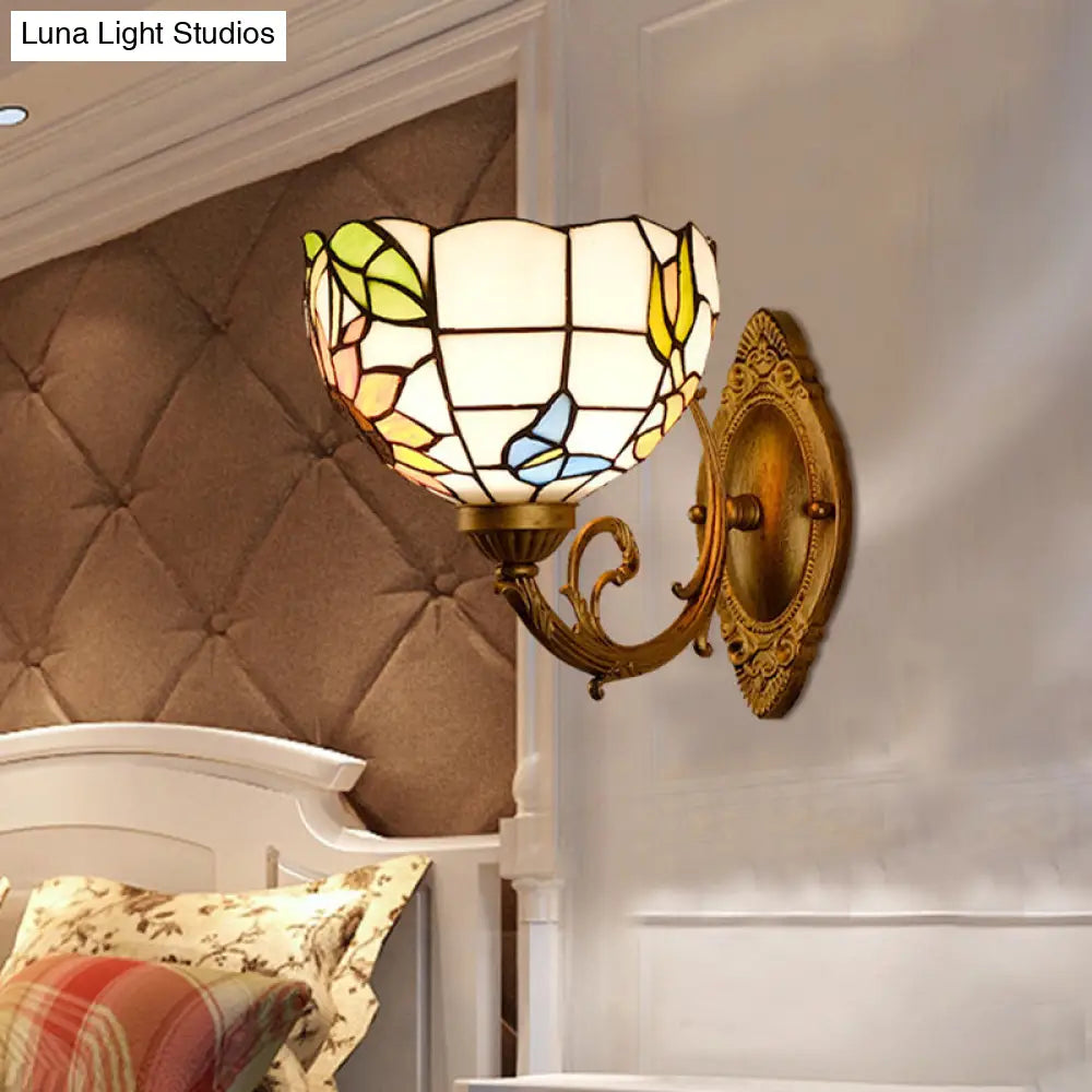 1-Light Stained Art Glass Victorian Sconce in Brass for Bathroom - Grape/Blossom Vanity Lighting Fixture