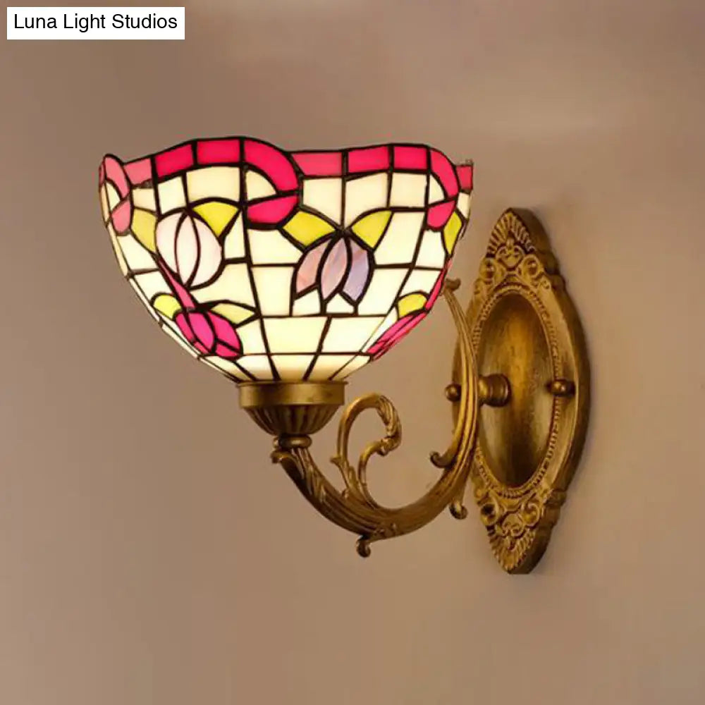 1-Light Stained Art Glass Victorian Sconce in Brass for Bathroom - Grape/Blossom Vanity Lighting Fixture