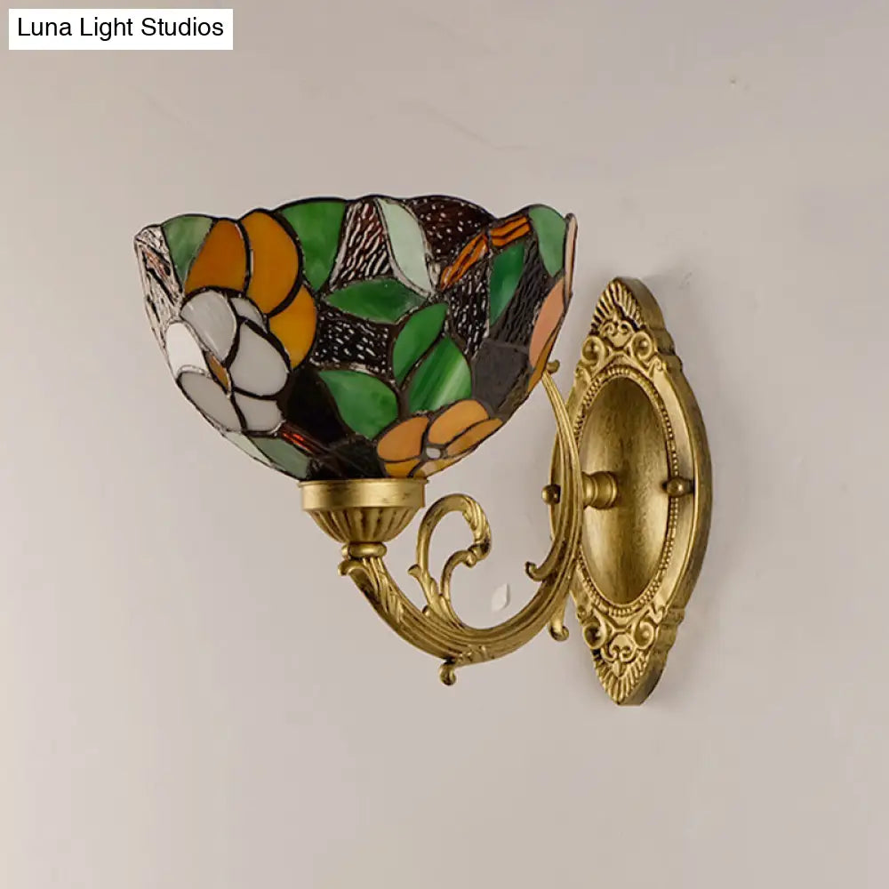 1-Light Stained Art Glass Victorian Sconce in Brass for Bathroom - Grape/Blossom Vanity Lighting Fixture