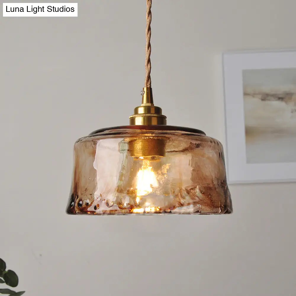 1-Light Suspended Lighting Fixture Rustic Dining Room Pendant Lamp with Round Amber Alabaster Glass Shade in Brass