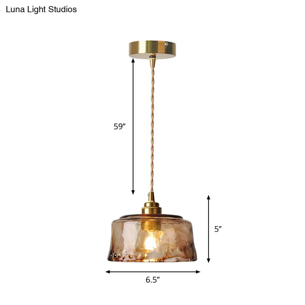 1-Light Suspended Lighting Fixture Rustic Dining Room Pendant Lamp with Round Amber Alabaster Glass Shade in Brass