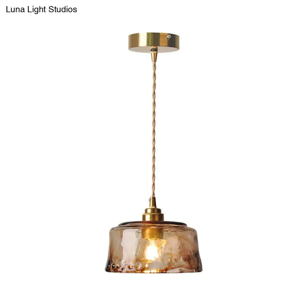 1-Light Suspended Lighting Fixture Rustic Dining Room Pendant Lamp with Round Amber Alabaster Glass Shade in Brass