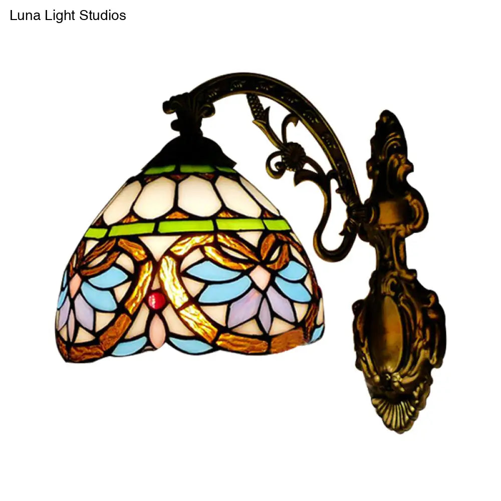 1-Light Victorian Stained Glass Wall Sconce with Up/Down Lighting and Brass Curved Arm