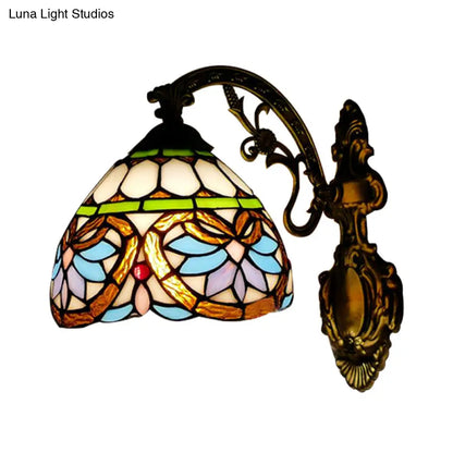 1-Light Victorian Stained Glass Wall Sconce with Up/Down Lighting and Brass Curved Arm