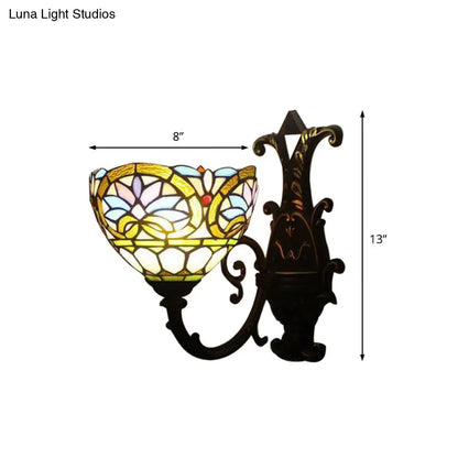 1-Light Victorian Stained Glass Wall Sconce with Up/Down Lighting and Brass Curved Arm