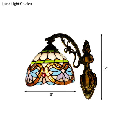 1-Light Victorian Stained Glass Wall Sconce with Up/Down Lighting and Brass Curved Arm