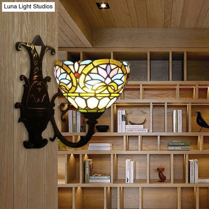 1-Light Victorian Stained Glass Wall Sconce with Up/Down Lighting and Brass Curved Arm