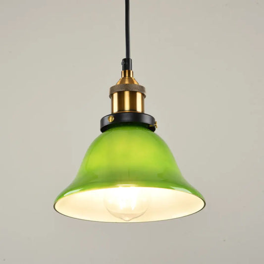 1-Light Vintage Brass Green Glass Pendant Hanging Light Fixture, 8"/10" Width – Perfect for Guest Rooms