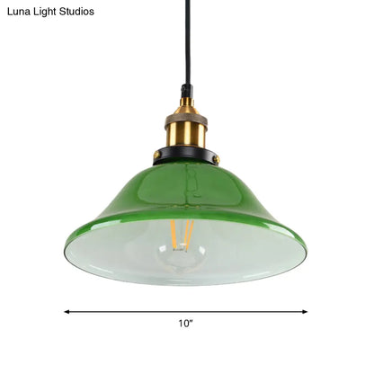 Lámpara colgante vintage de latón y cristal verde, 1 luz, 8"/10" de ancho – Perfecta para habitaciones de invitados