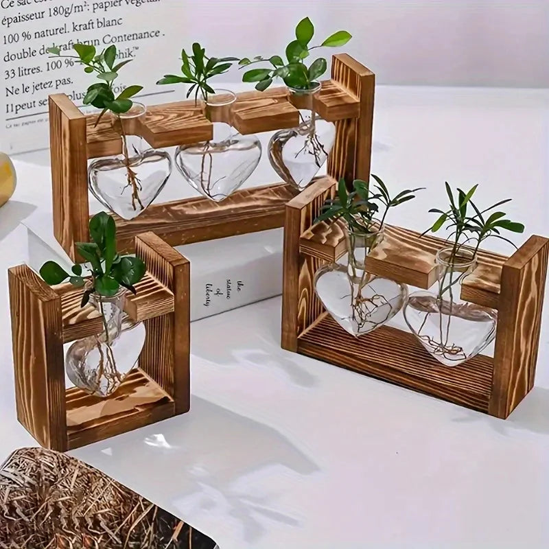 Wooden heart-shaped glass hydroponic planters with visible roots and green foliage in tiered wooden stand for home decor
