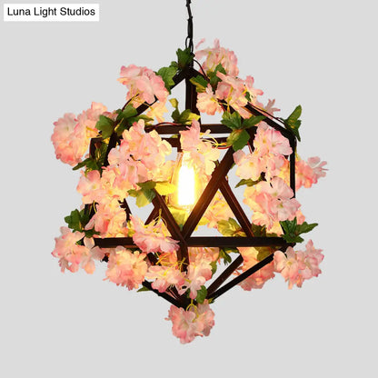 10.5"/15" Metal Ceiling Light: Antique Pink/Green Geometric Restaurant LED Down Lighting with Plant/Cherry Blossom Design