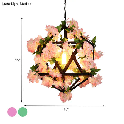 10.5"/15" Metal Ceiling Light: Antique Pink/Green Geometric Restaurant LED Down Lighting with Plant/Cherry Blossom Design