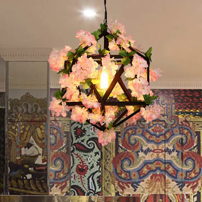 10.5"/15" Metal Ceiling Light: Antique Pink/Green Geometric Restaurant LED Down Lighting with Plant/Cherry Blossom Design