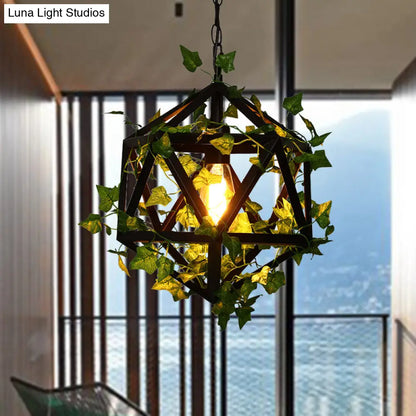 10.5"/15" Metal Ceiling Light: Antique Pink/Green Geometric Restaurant LED Down Lighting with Plant/Cherry Blossom Design