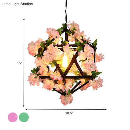 10.5"/15" Metal Ceiling Light: Antique Pink/Green Geometric Restaurant LED Down Lighting with Plant/Cherry Blossom Design