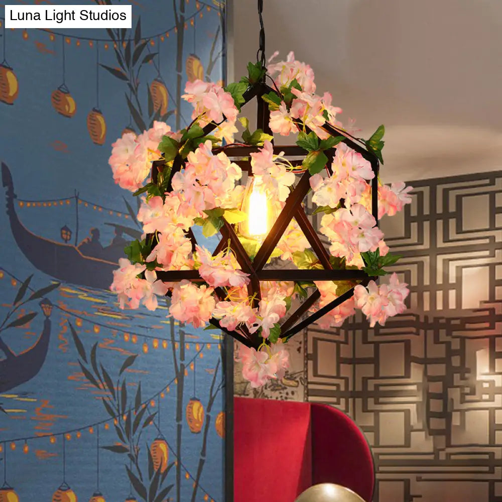 10.5"/15" Metal Ceiling Light: Antique Pink/Green Geometric Restaurant LED Down Lighting with Plant/Cherry Blossom Design