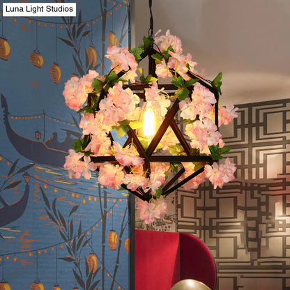 10.5"/15" Metal Ceiling Light: Antique Pink/Green Geometric Restaurant LED Down Lighting with Plant/Cherry Blossom Design