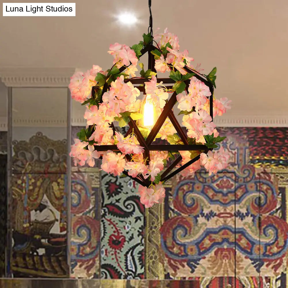 10.5"/15" Metal Ceiling Light: Antique Pink/Green Geometric Restaurant LED Down Lighting with Plant/Cherry Blossom Design