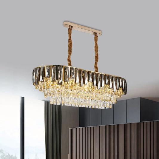 10-Bulb Smoke Grey Crystal Island Ceiling Light with Modern 3-Tier Oblong Design