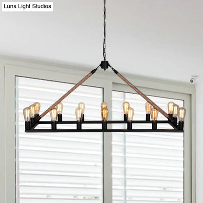 DecorBites™ 10 Bulbs Chandelier Lighting - Loft Style Rectangular Frame Pendant with Black Metal & Rope Detail