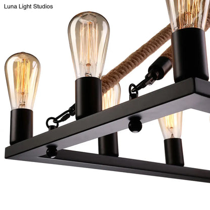 DecorBites™ 10 Bulbs Chandelier Lighting - Loft Style Rectangular Frame Pendant with Black Metal & Rope Detail