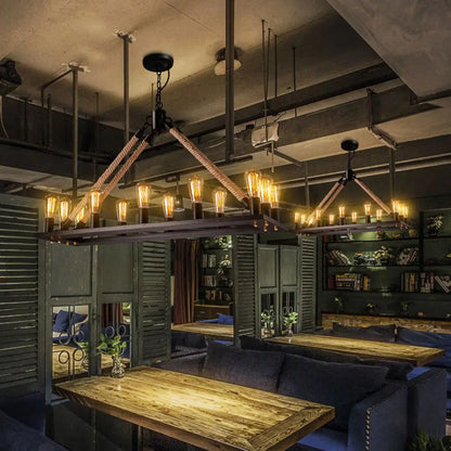 DecorBites™ 10 Bulbs Chandelier Lighting - Loft Style Rectangular Frame Pendant with Black Metal & Rope Detail