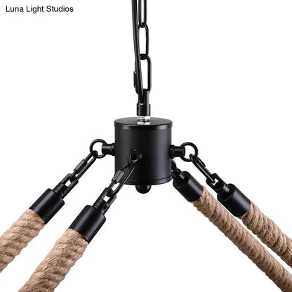 DecorBites™ 10 Bulbs Chandelier Lighting - Loft Style Rectangular Frame Pendant with Black Metal & Rope Detail