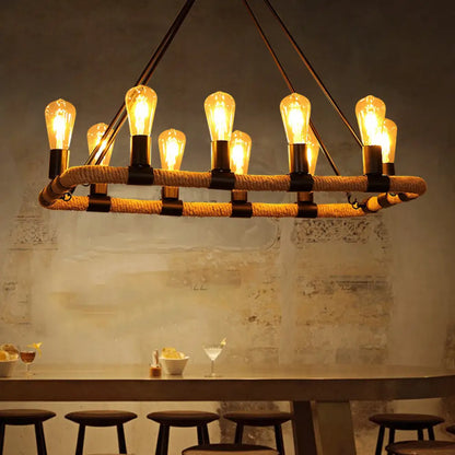 DecorBites™ 10 Bulbs Chandelier Lighting - Loft Style Rectangular Frame Pendant with Black Metal & Rope Detail