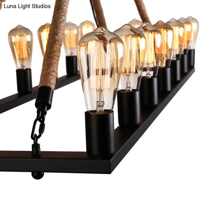 DecorBites™ 10 Bulbs Chandelier Lighting - Loft Style Rectangular Frame Pendant with Black Metal & Rope Detail