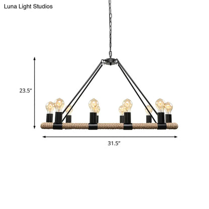 DecorBites™ 10 Bulbs Chandelier Lighting - Loft Style Rectangular Frame Pendant with Black Metal & Rope Detail