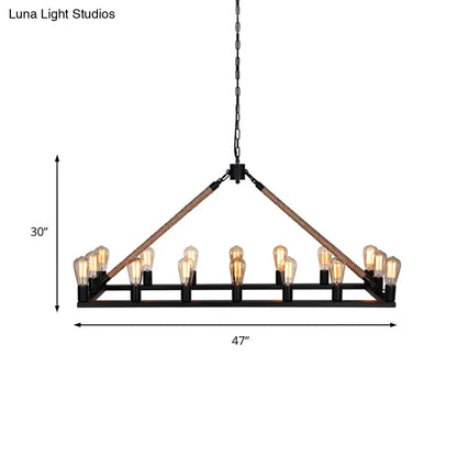 DecorBites™ 10 Bulbs Chandelier Lighting - Loft Style Rectangular Frame Pendant with Black Metal & Rope Detail
