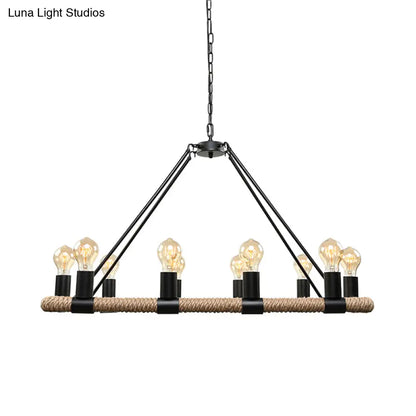 DecorBites™ 10 Bulbs Chandelier Lighting - Loft Style Rectangular Frame Pendant with Black Metal & Rope Detail
