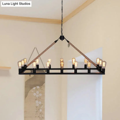 DecorBites™ 10 Bulbs Chandelier Lighting - Loft Style Rectangular Frame Pendant with Black Metal & Rope Detail
