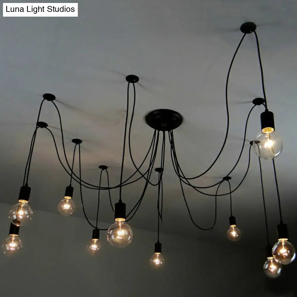 10 Head Black Swag Pendant Lighting Fixture for Hanging Lights with Naked Bulb - Factory Style